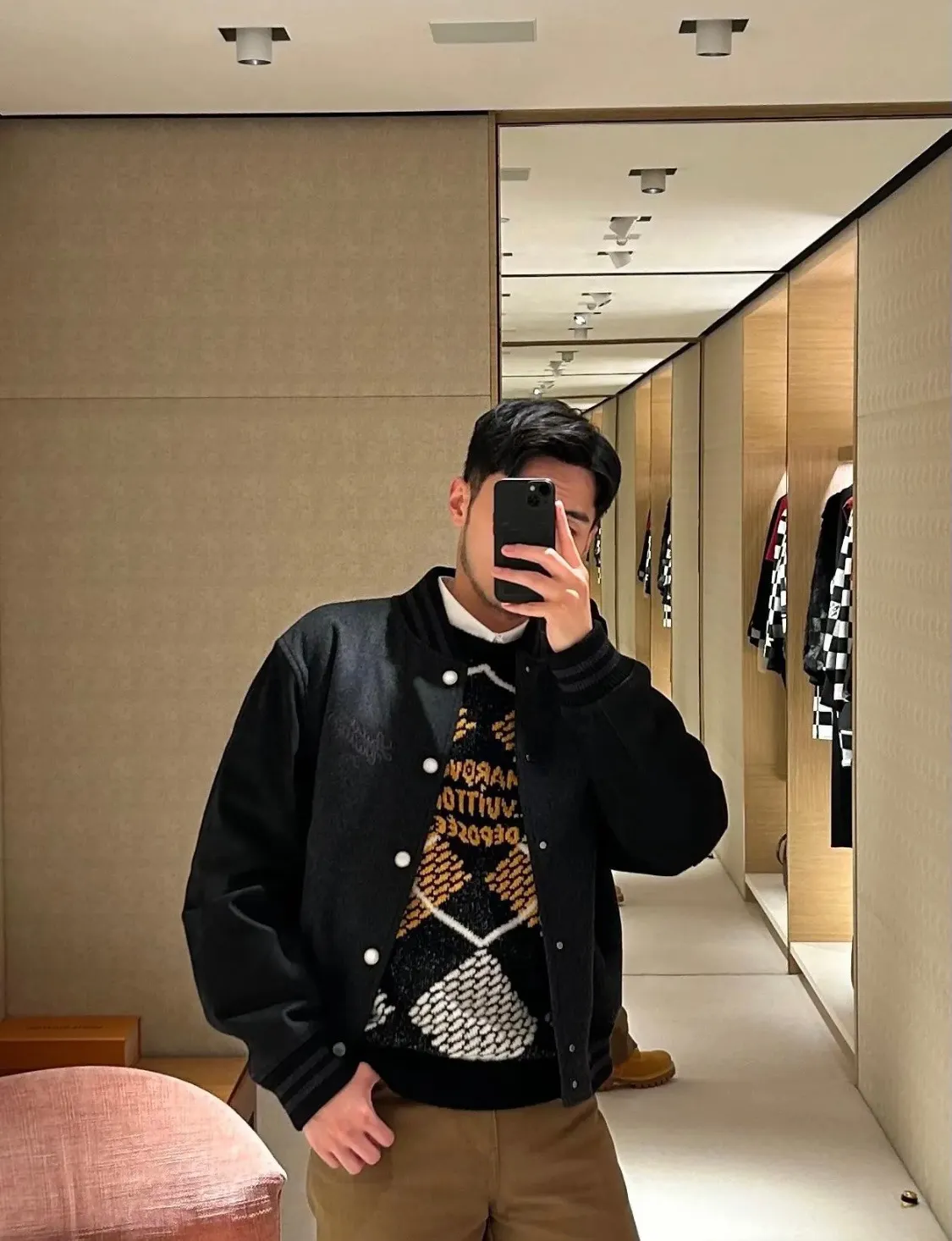 Louis Vuitton/Louis Vuitton 24Fw embroidered letter cotton shearling sleeve baseball jacket